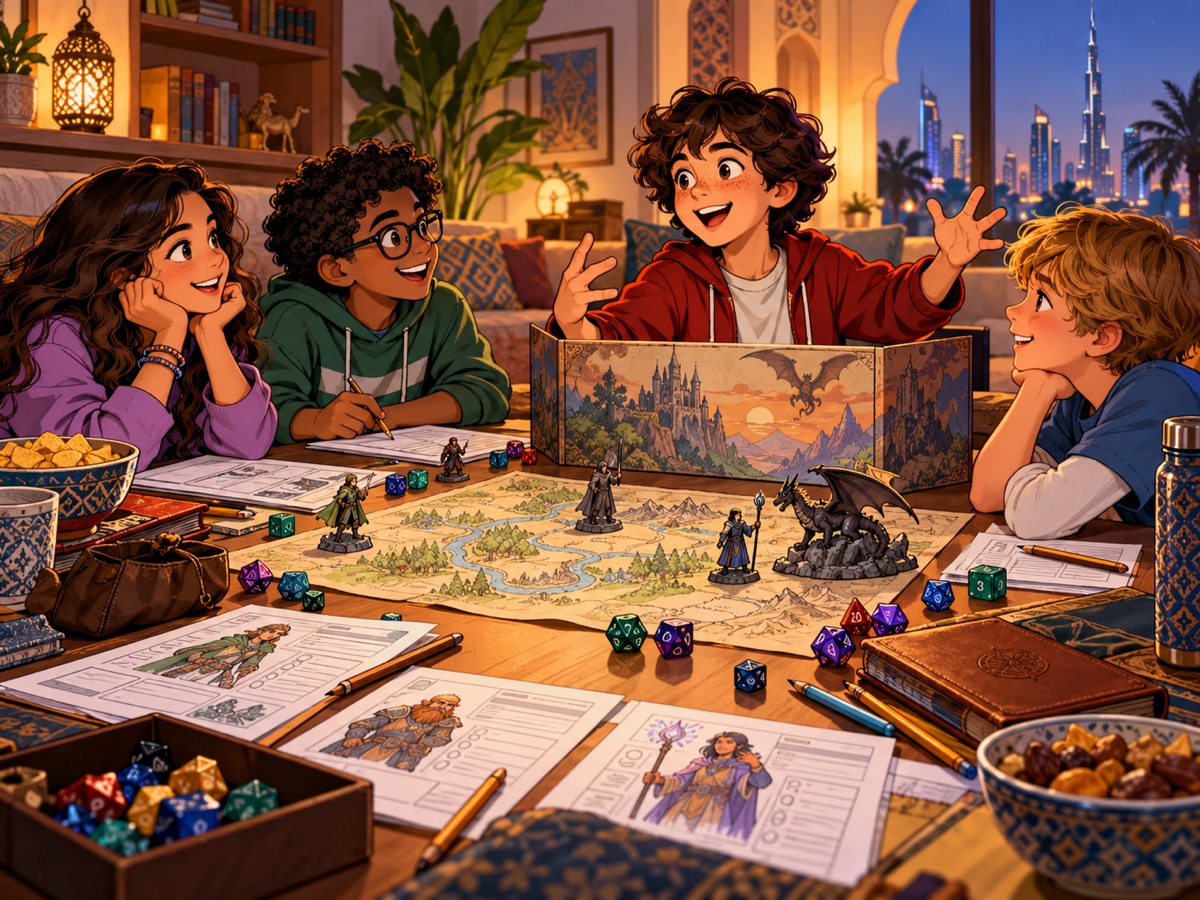 Four children around a table playing Dungeons & Dragons: a map with figures, dice and character sheets, one boy telling the story, the Dubai skyline in the window behind them.